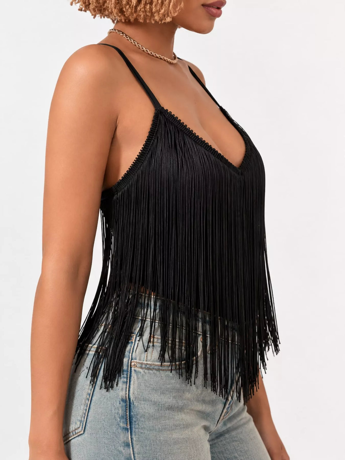 Black fringe-trim spaghetti strap cami, side view