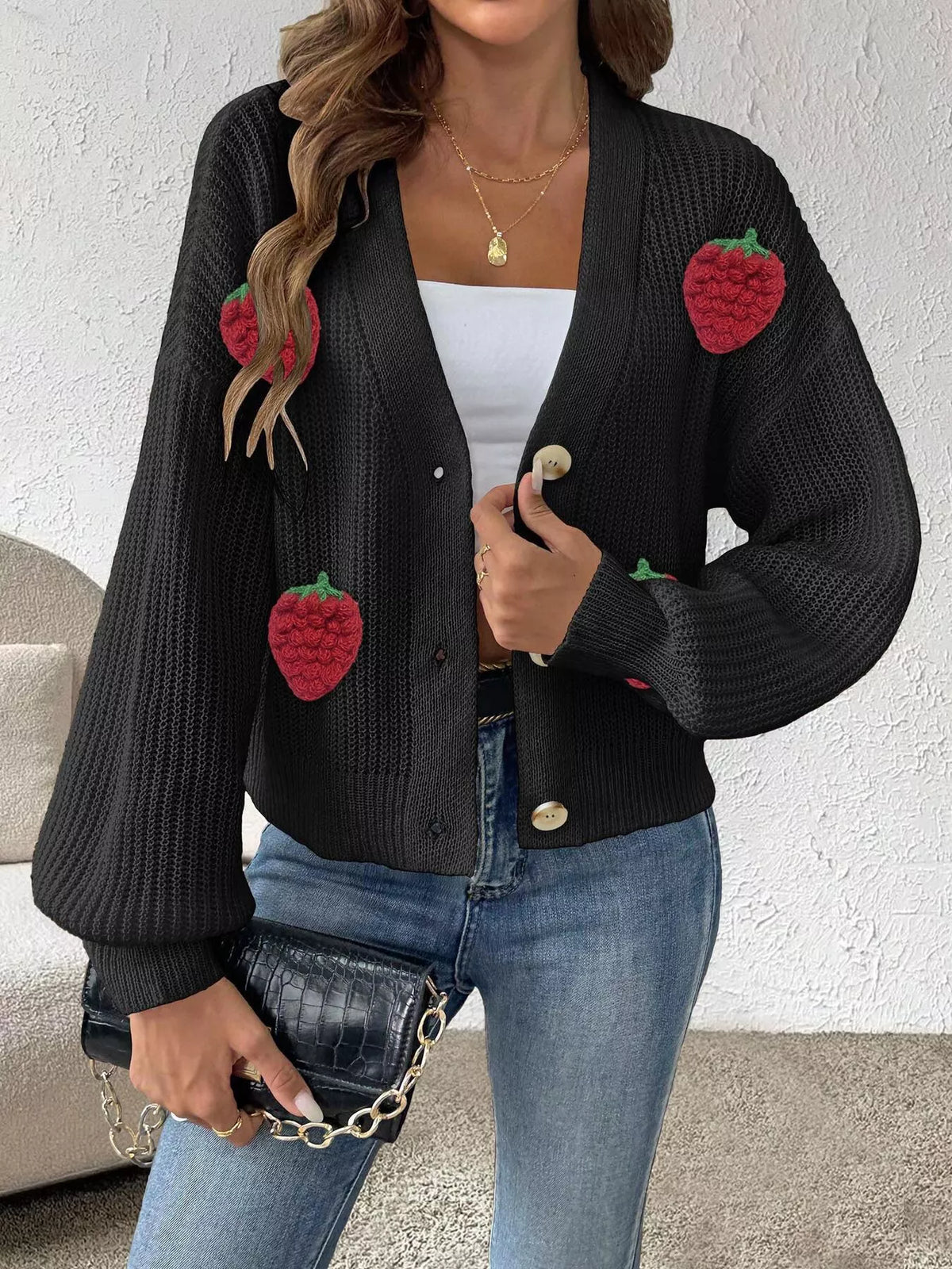 Black Strawberry Applique Button-Up Cardigan front view