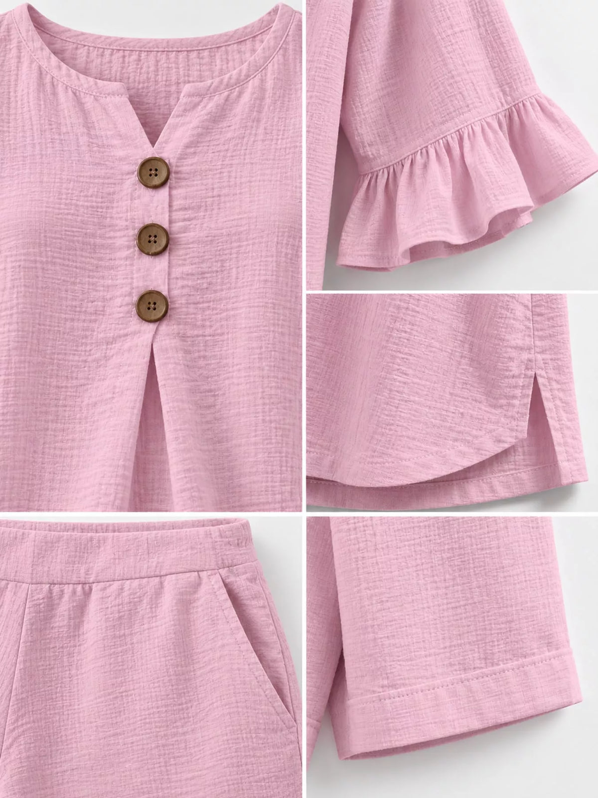 Decorative Button Blouse and Shorts Set, detail view in pink