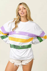 Trendsi BiBi Sequin Mardi Gras Striped Round Neck Sweatshirt -