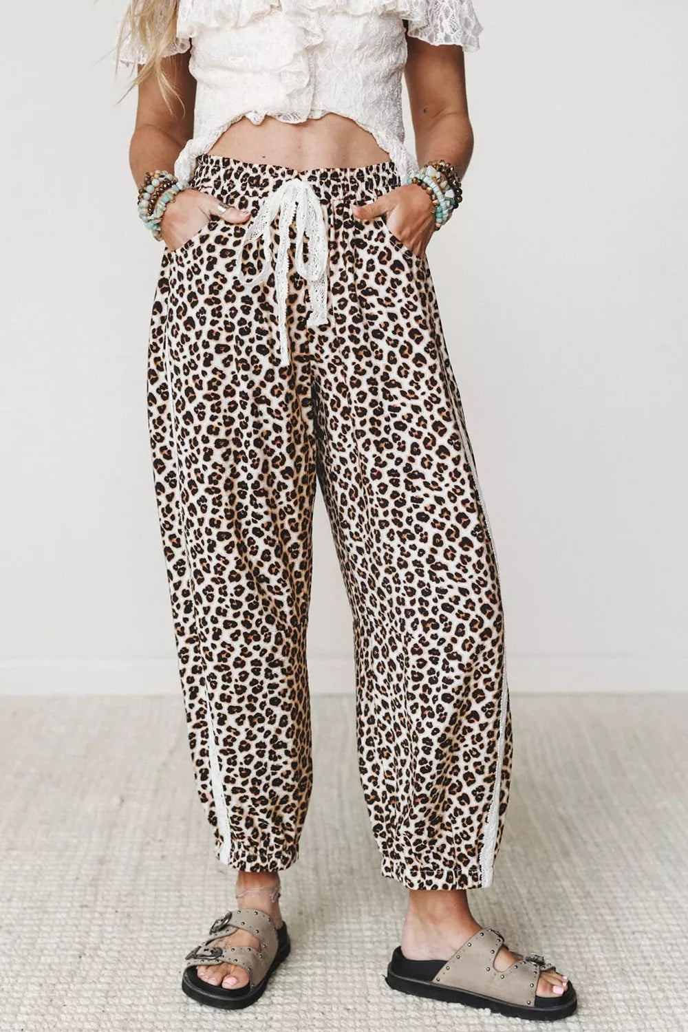 Trendsi Leopard Print Ankle-Length Elastic Waist Pants -
