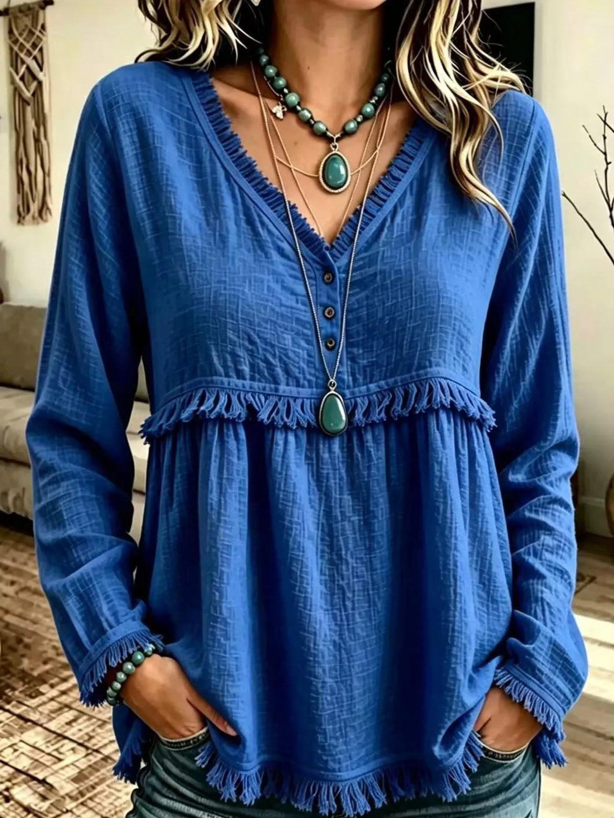 Fringe-trim blouse, blue front