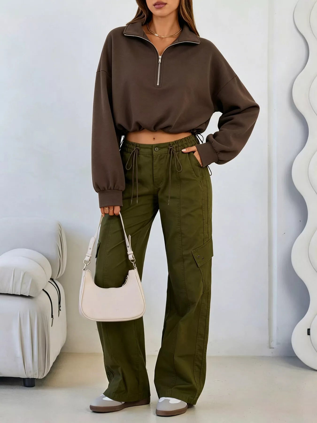 Trendsi Half Zip Drawstring Hem Sweatshirt -