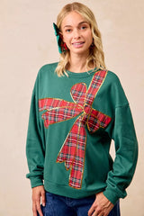 Trendsi BiBi Plaid Ribbon Bow Detail Christmas Fleece Pullover -