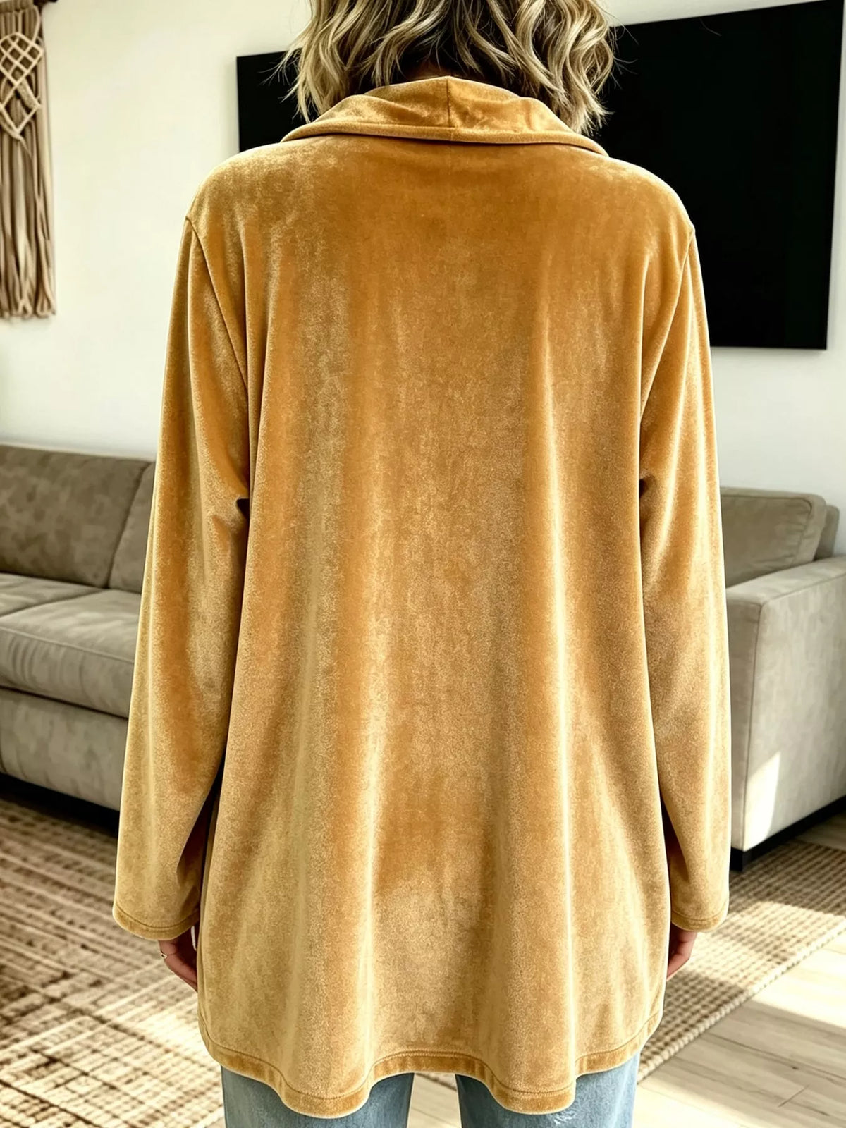 Women's Velvet Open-Front Cardigan in mustard — back view