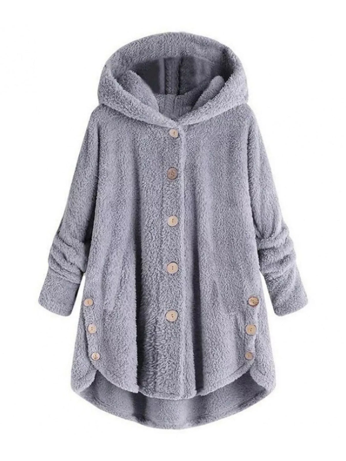 Light gray fleece button-up hooded jacket with curved high-low hem