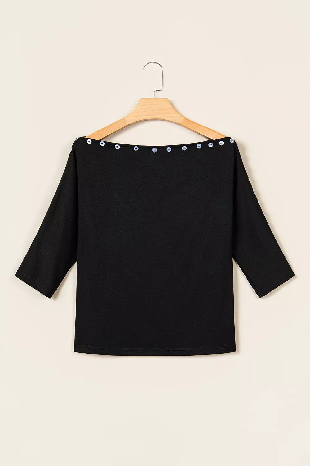 Black off-shoulder button-detail three-quarter sleeve top, front product view