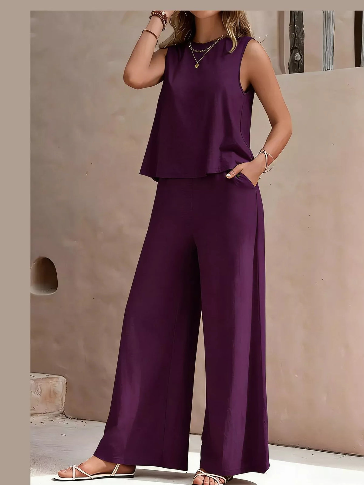 Sleeveless Tank Top and Wide-Leg Pants Set — front view