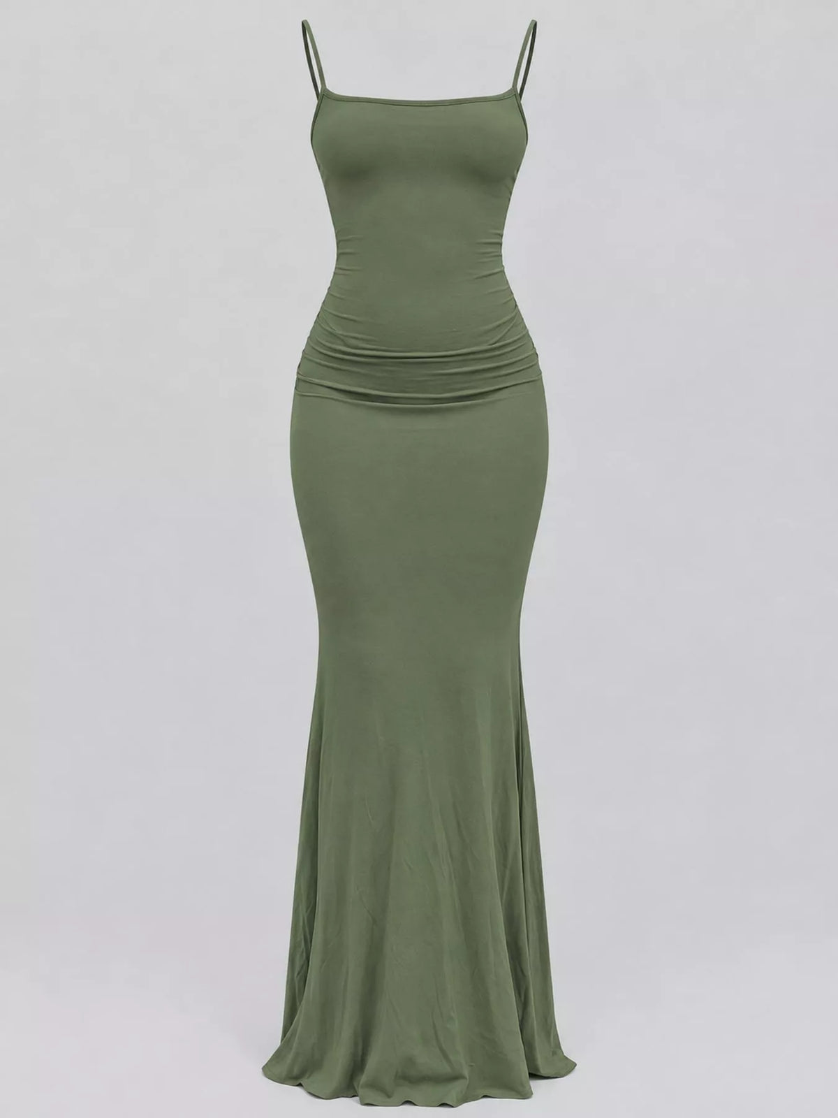 Olive green bodycon spaghetti strap maxi dress, front view
