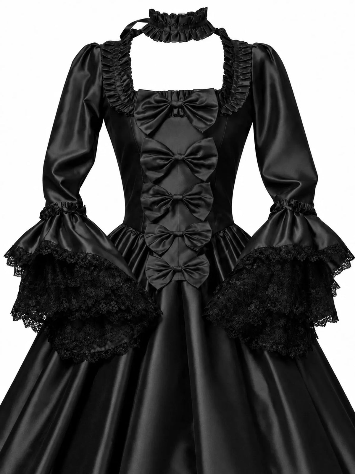 Victorian Gothic Satin Ball Gown Dress with Bow Accents, detail view in black