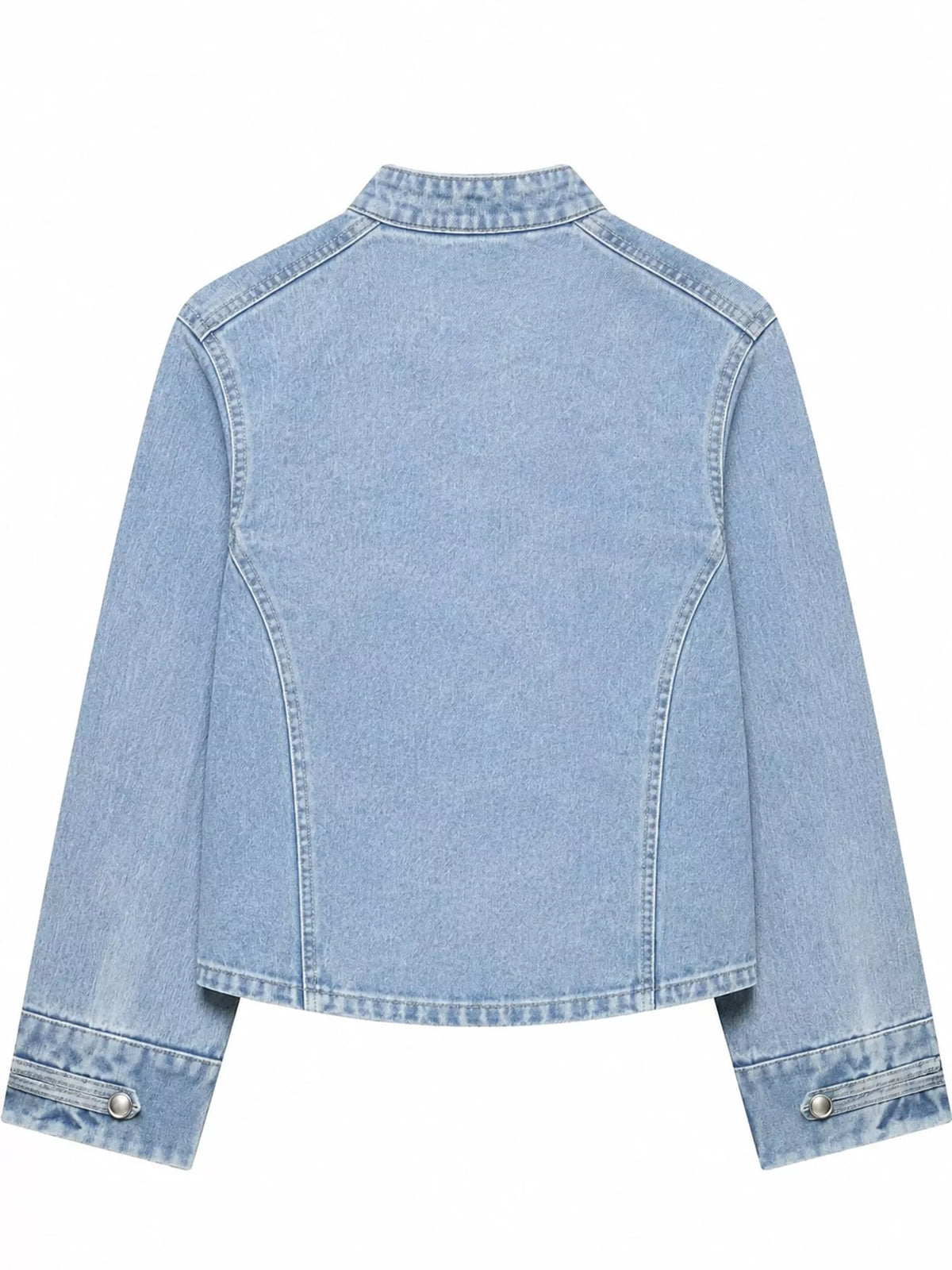 Light Blue decorative button cropped denim jacket, back view