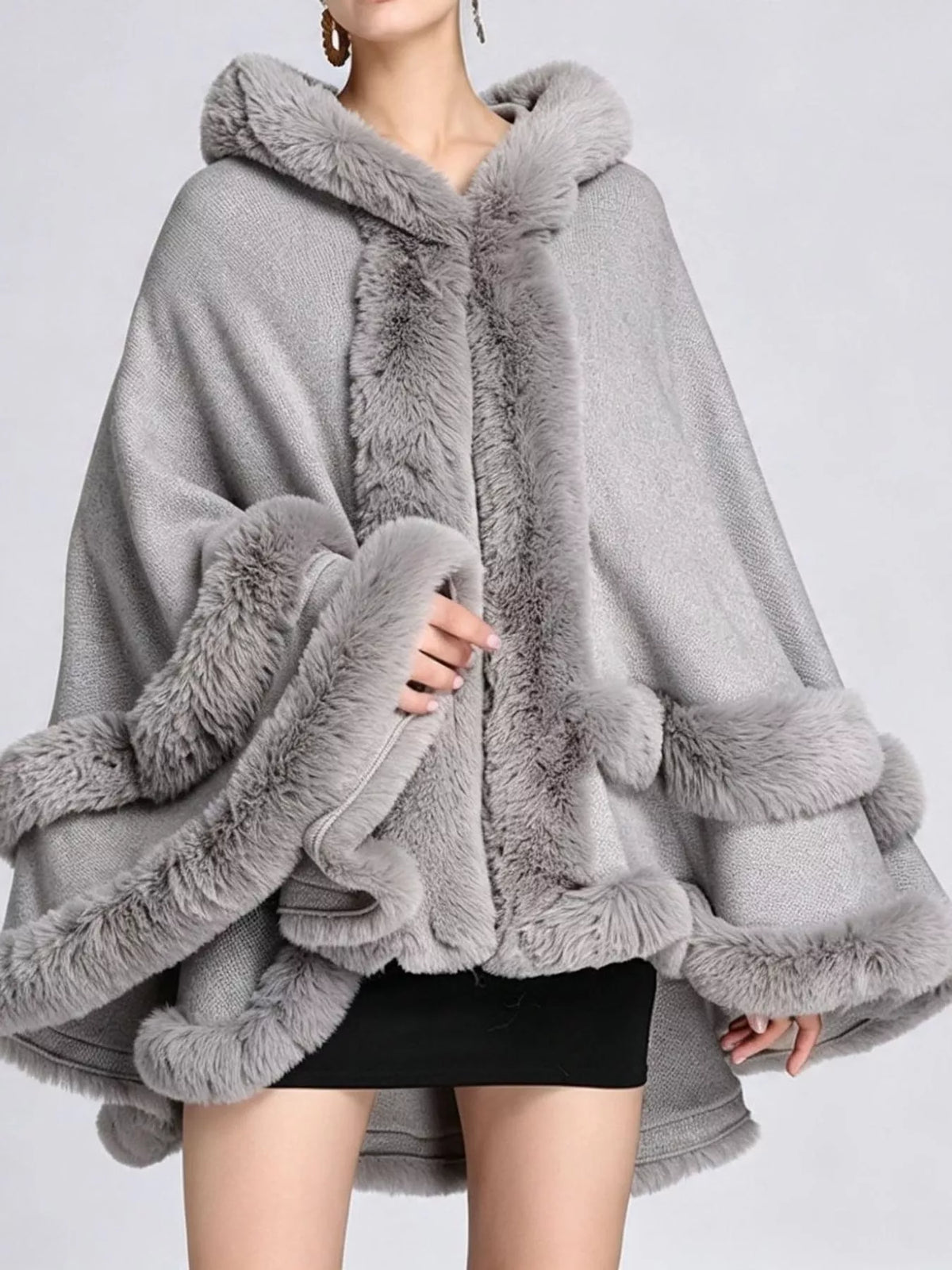 Faux-fur-trim cape, light gray front