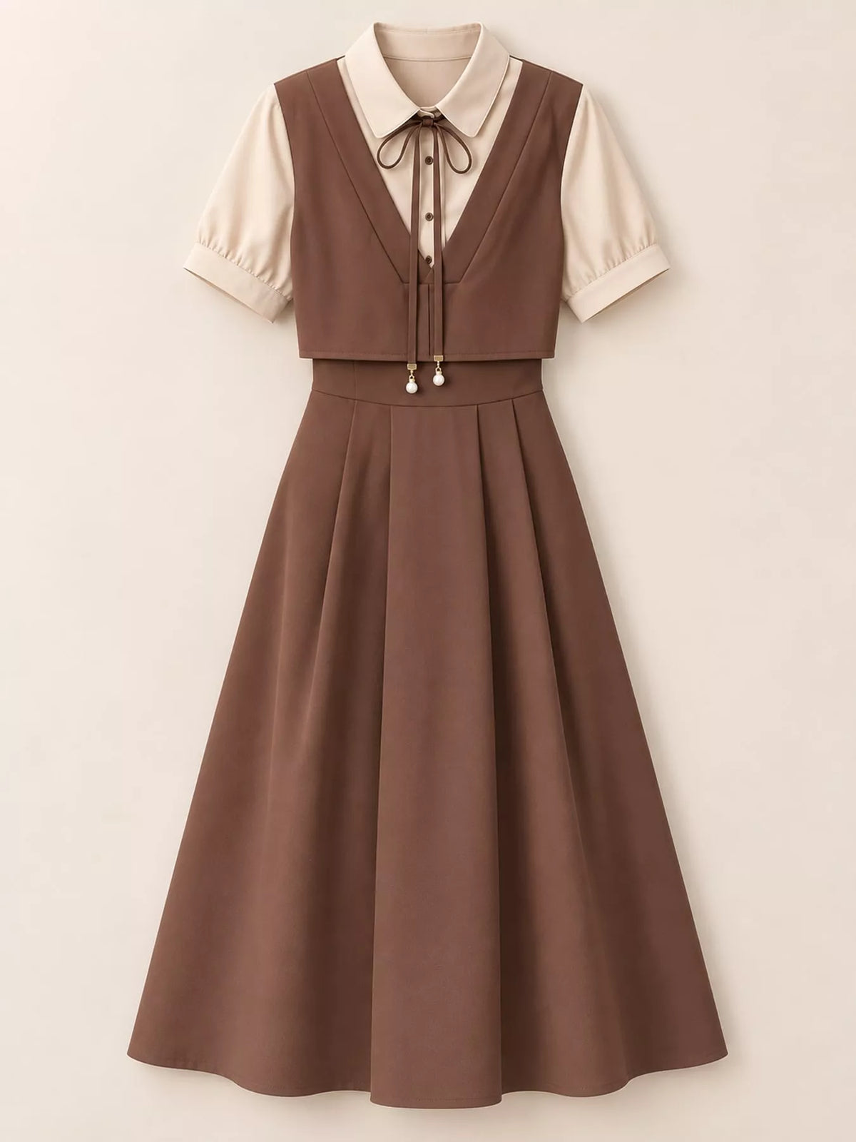 Women's Contrast Short Sleeve Pleated Midi Dress in brown — flat lay view