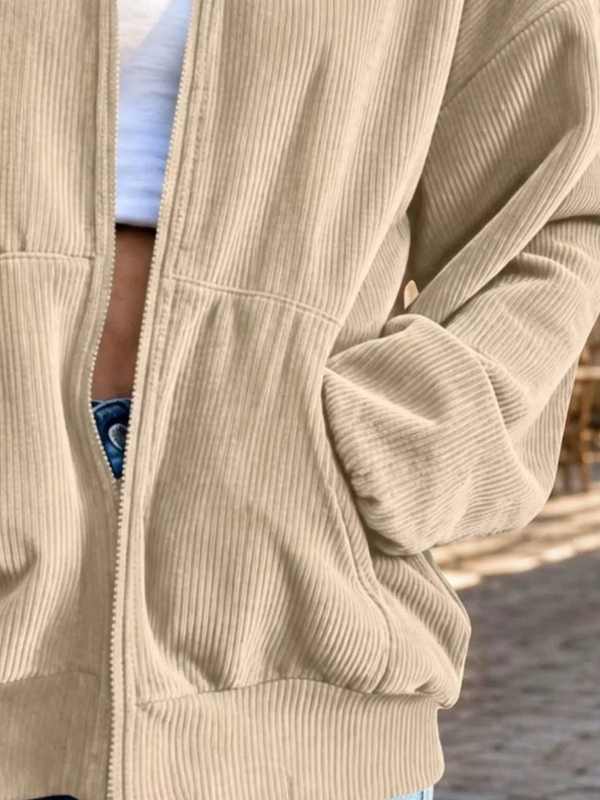 Beige corduroy zip-up jacket, patch pocket and cuff detail