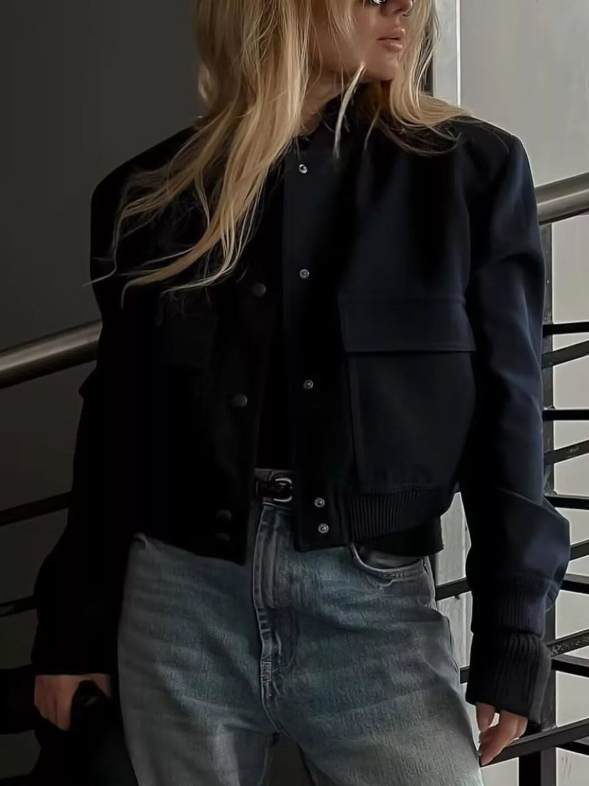 Snap-Down Cropped Bomber Jacket, front view