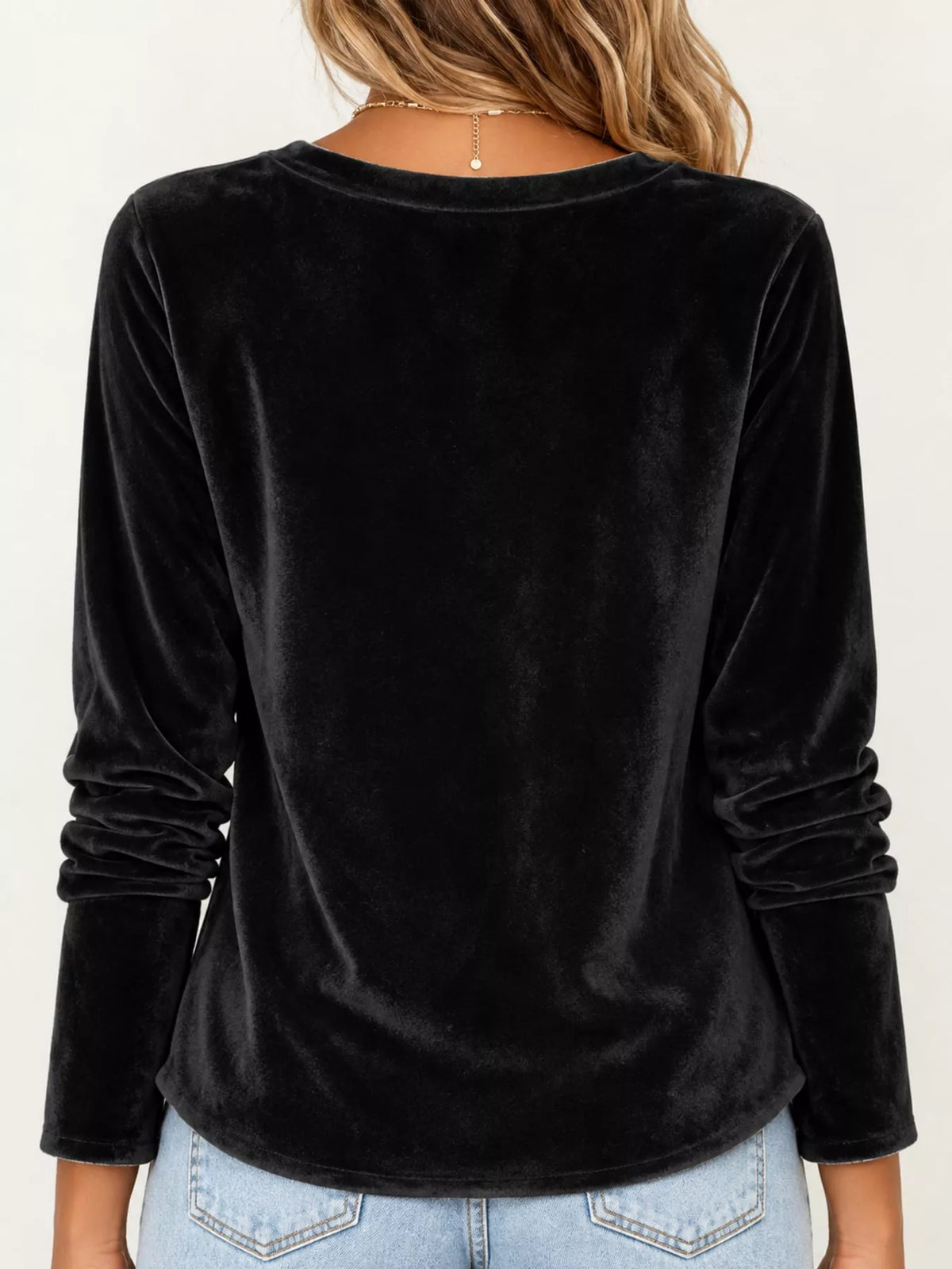 Black velvet cowl neck long sleeve t shirt, back view