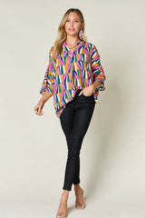 Trendsi Double Take Full Size Geometric Notched Dolman Sleeve Top -