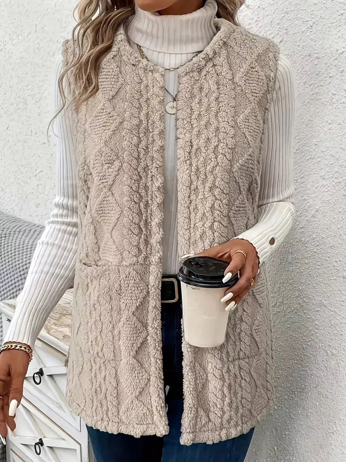 Taupe sherpa open front vest coat