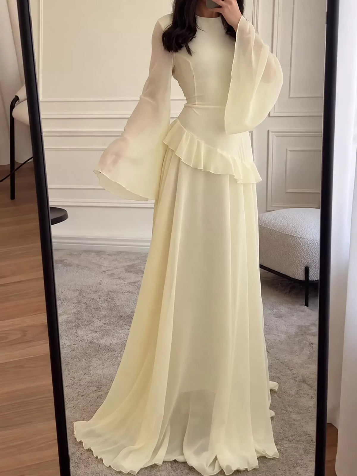 Ivory ruffled flare sleeve maxi dress, front view