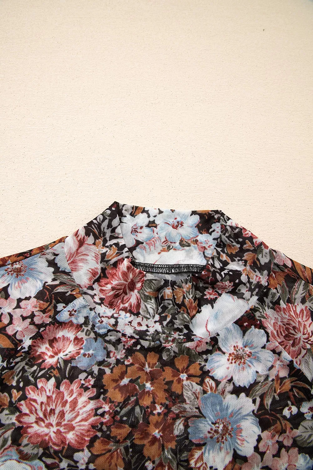 Trendsi Floral Print Mock Neck Sheer Mesh Top -