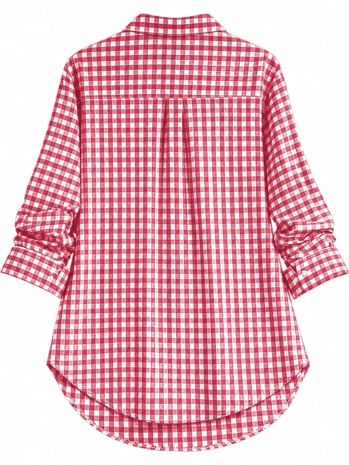 Red and white plaid button-down shirt, back view