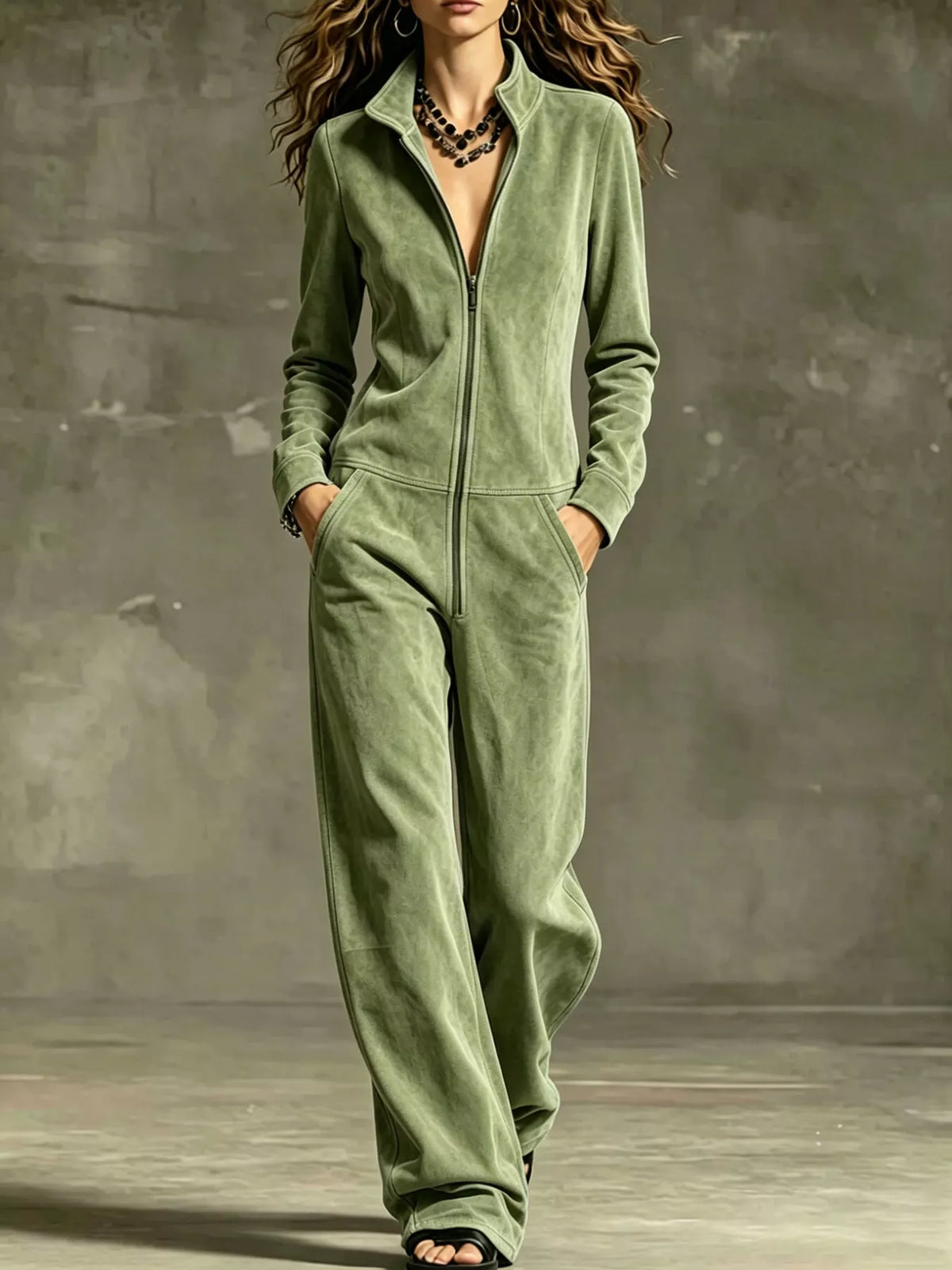 Velour Zip-Up Jumpsuit with Pockets, front view