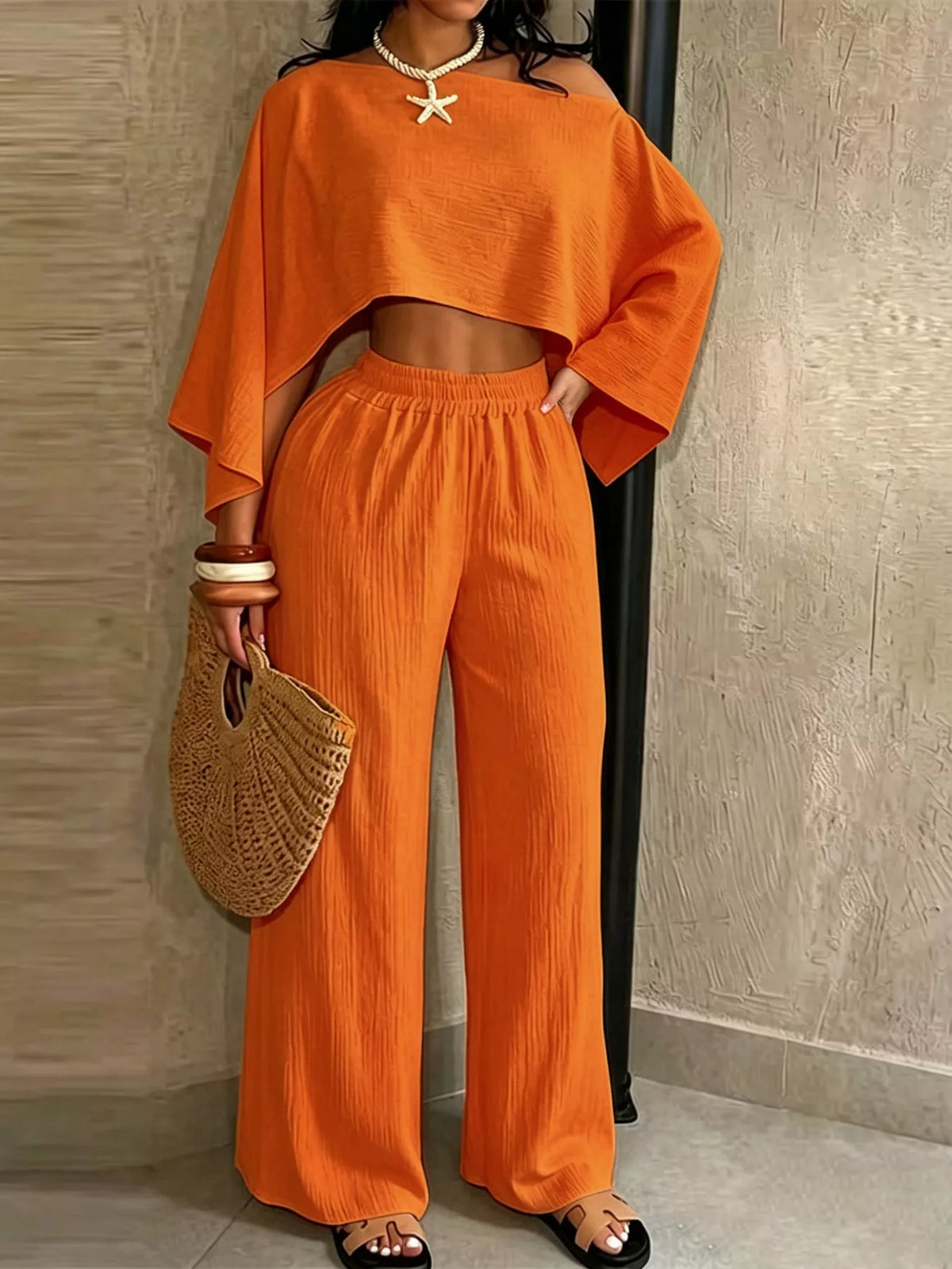 Women's Boat Neck Crop Top and Wide-Leg Pants Set in orange — front view