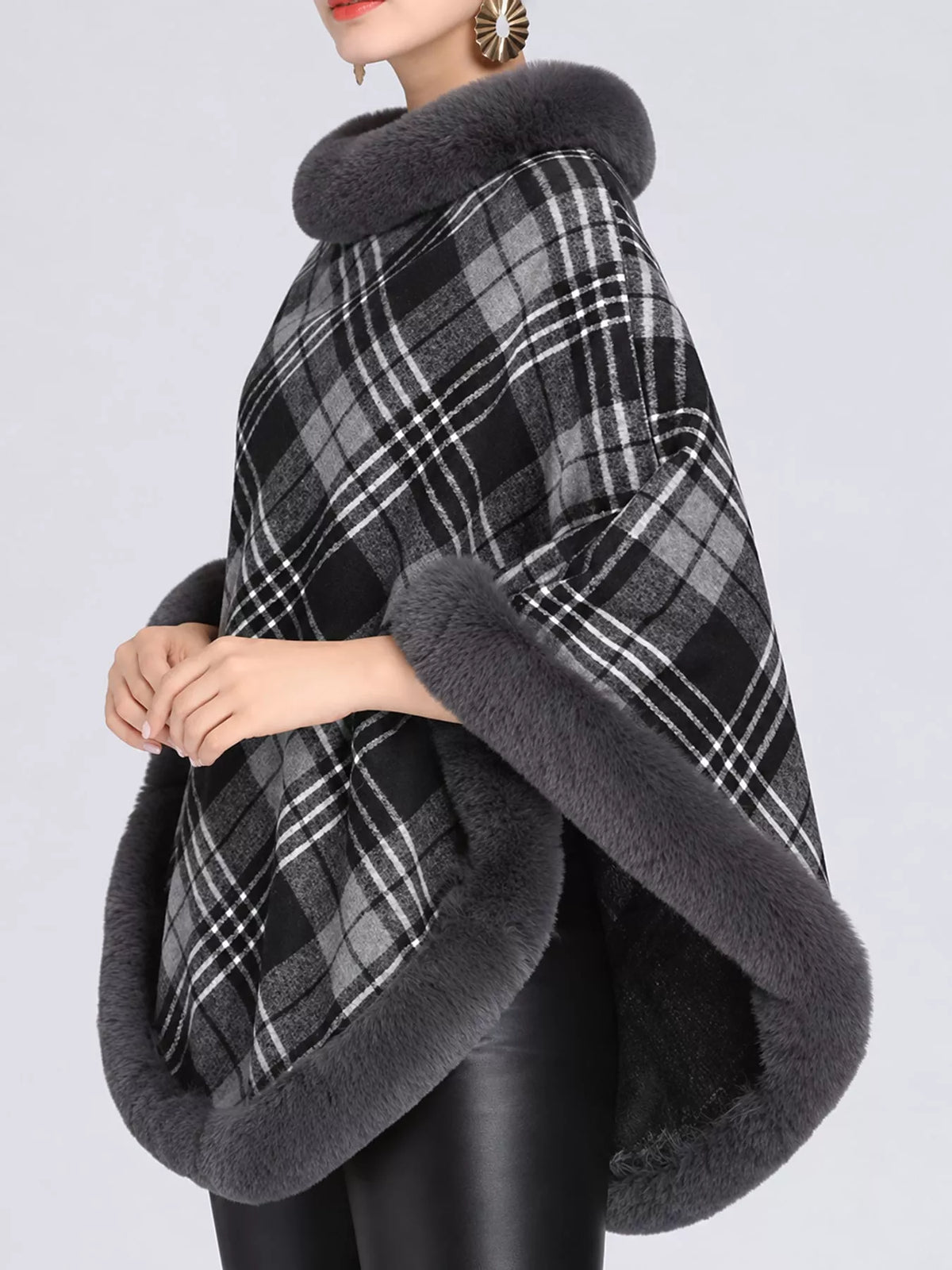 Dark Gray-Plaid plaid faux fur trimmed poncho cape