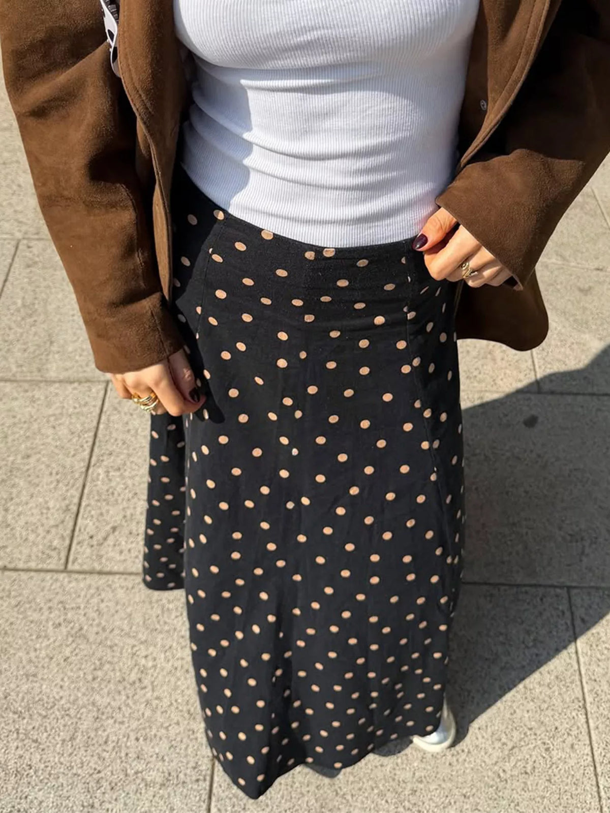Polka Dot High-Waisted A-Line Skirt in black, front view