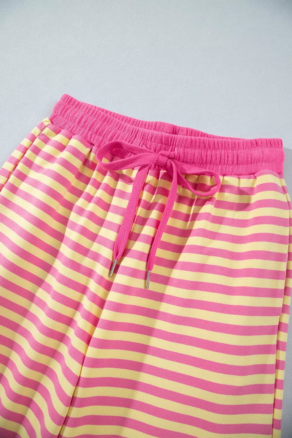 Trendsi Stripe Colorblock Trim Crew Neck Loose Tee Drawstring Elastic Waist 2pcs Pant Set -