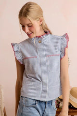 Trendsi SO ME Stripe Twill Stitch Ruffled Hidden Button Vest Top -