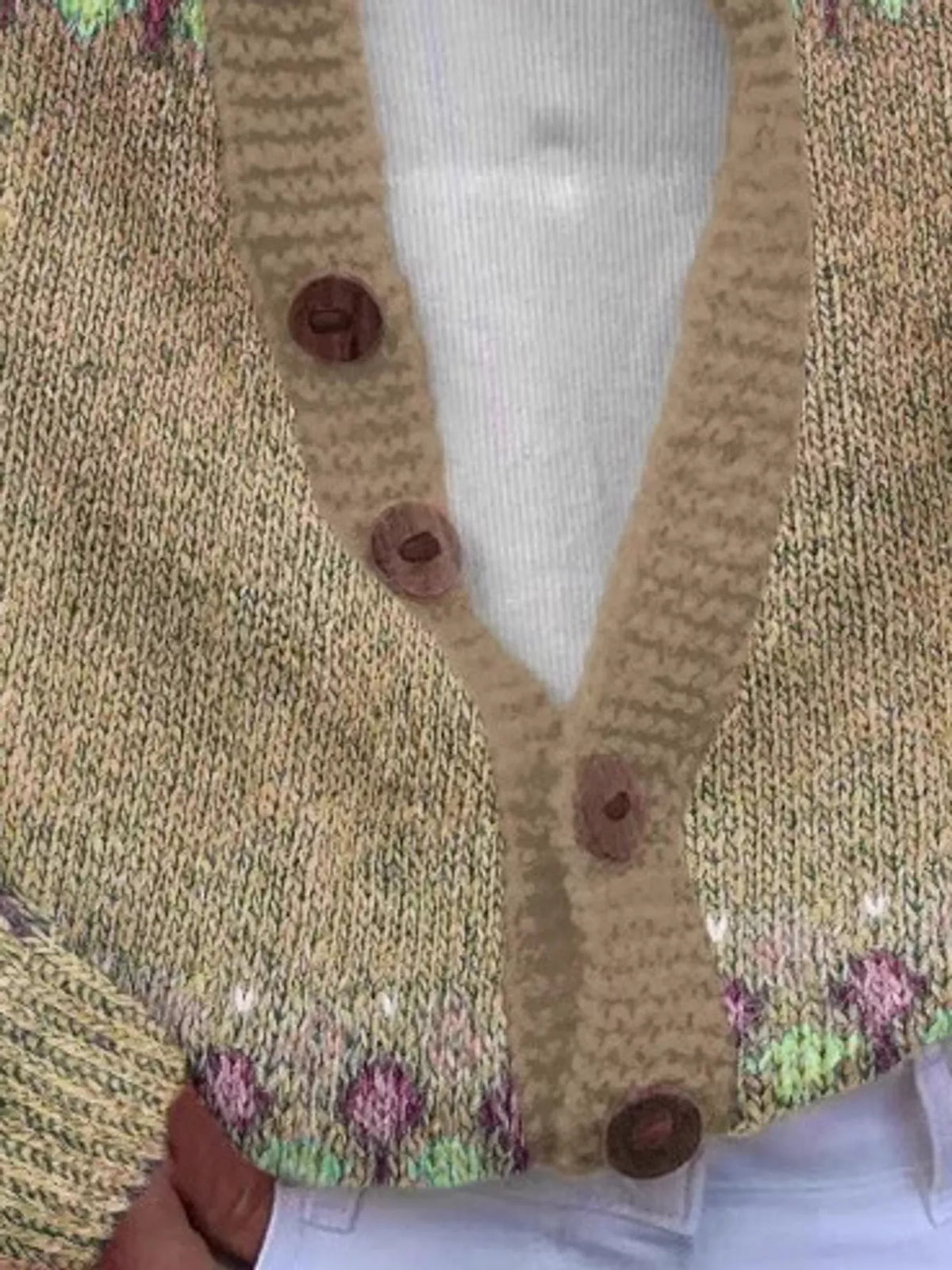 Khaki-8722 patterned button-front knit cardigan