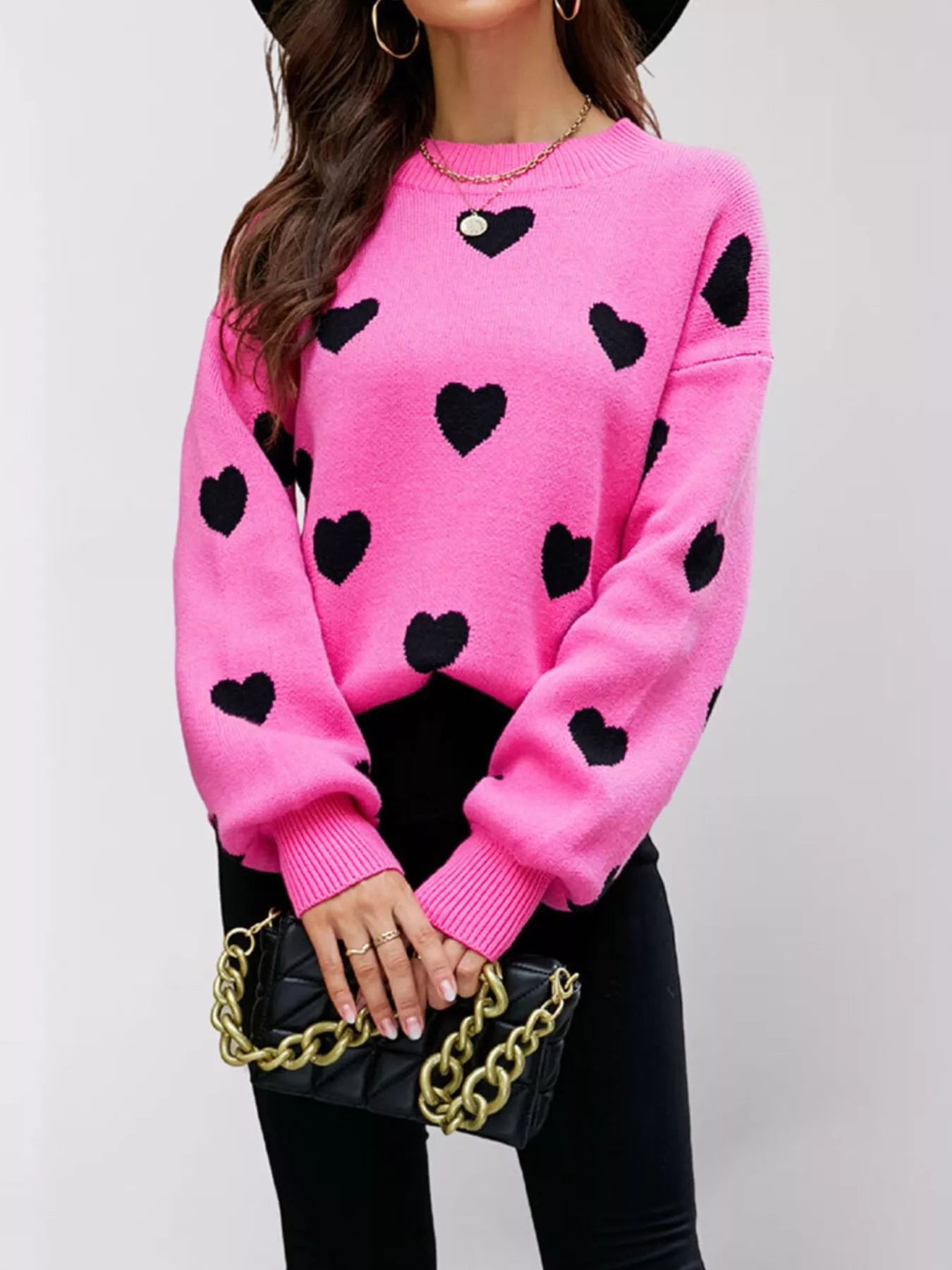 Trendsi Heart-Patterned Dropped Shoulder Sweater -
