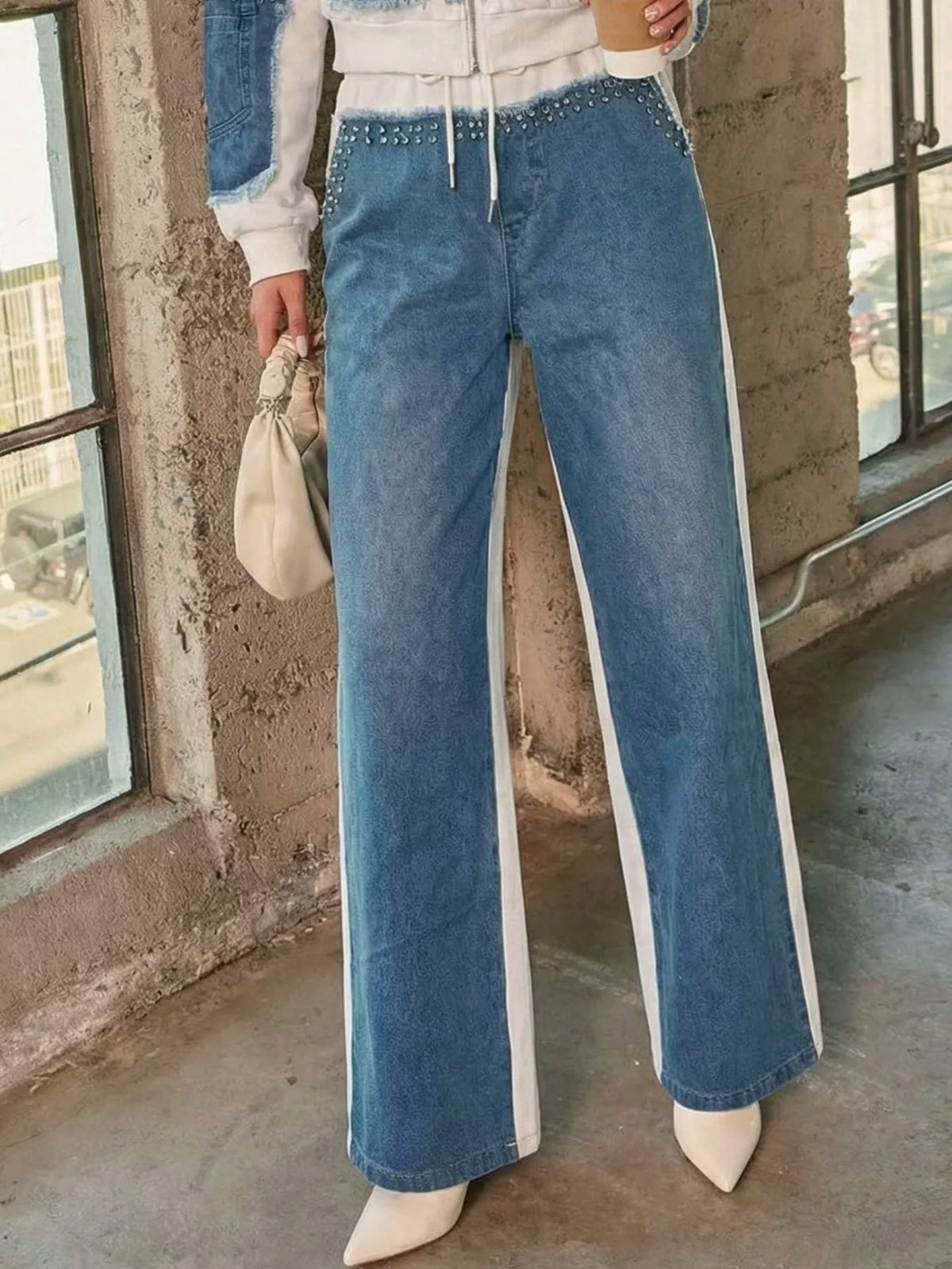Studded denim patchwork hoodie and joggers set