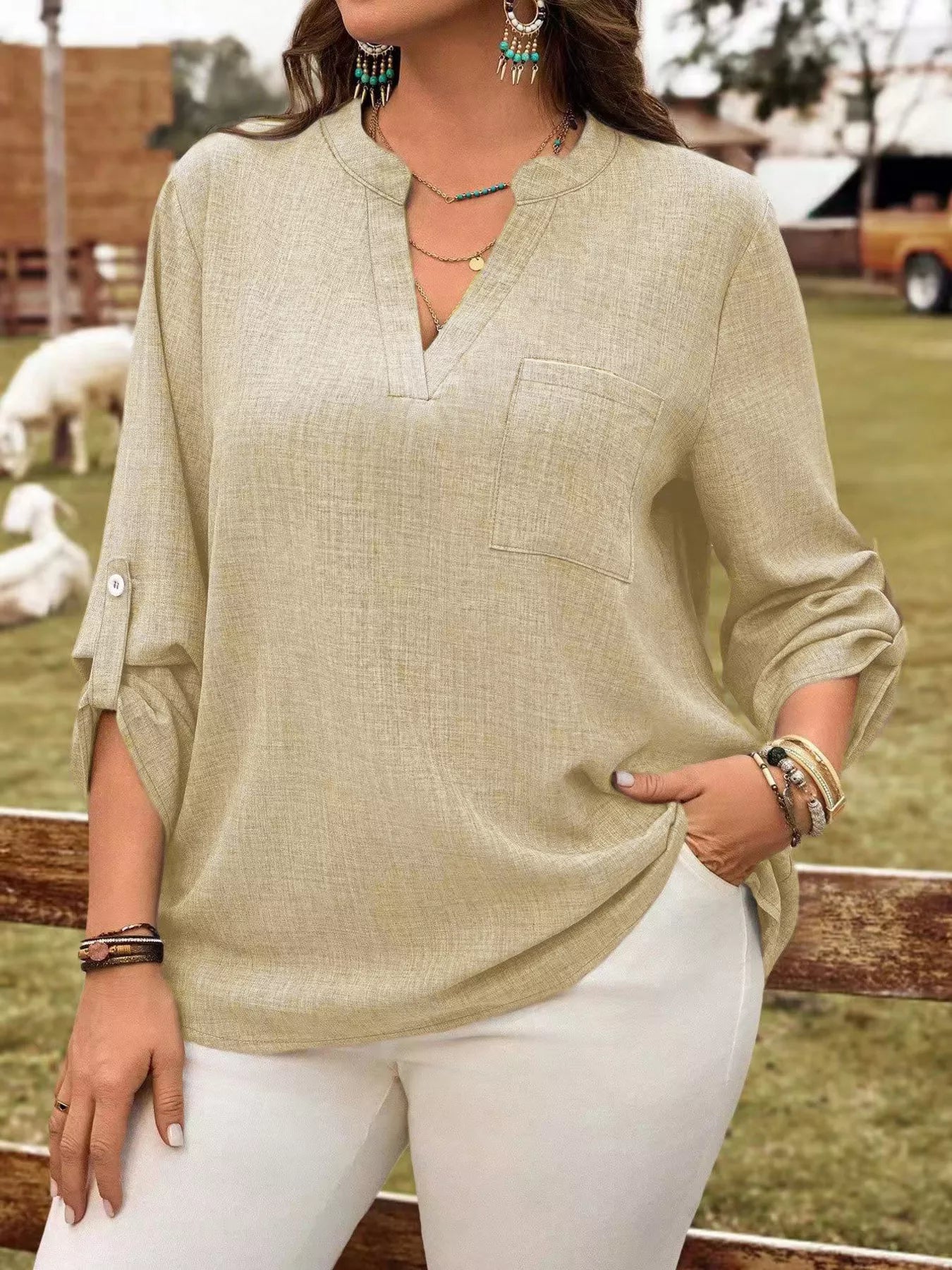Trendsi Plus Size Notched Roll-Tab Sleeve Casual Blouse -