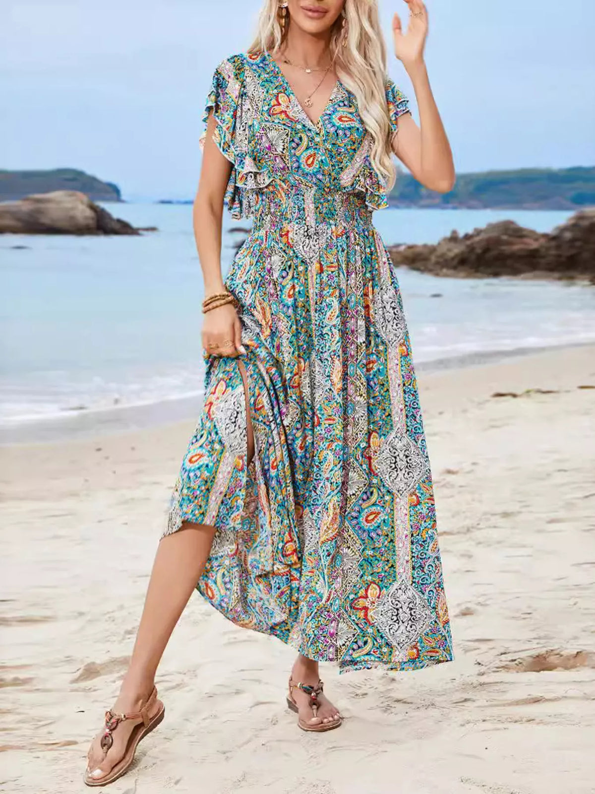 Paisley print flutter sleeve smocked maxi dress