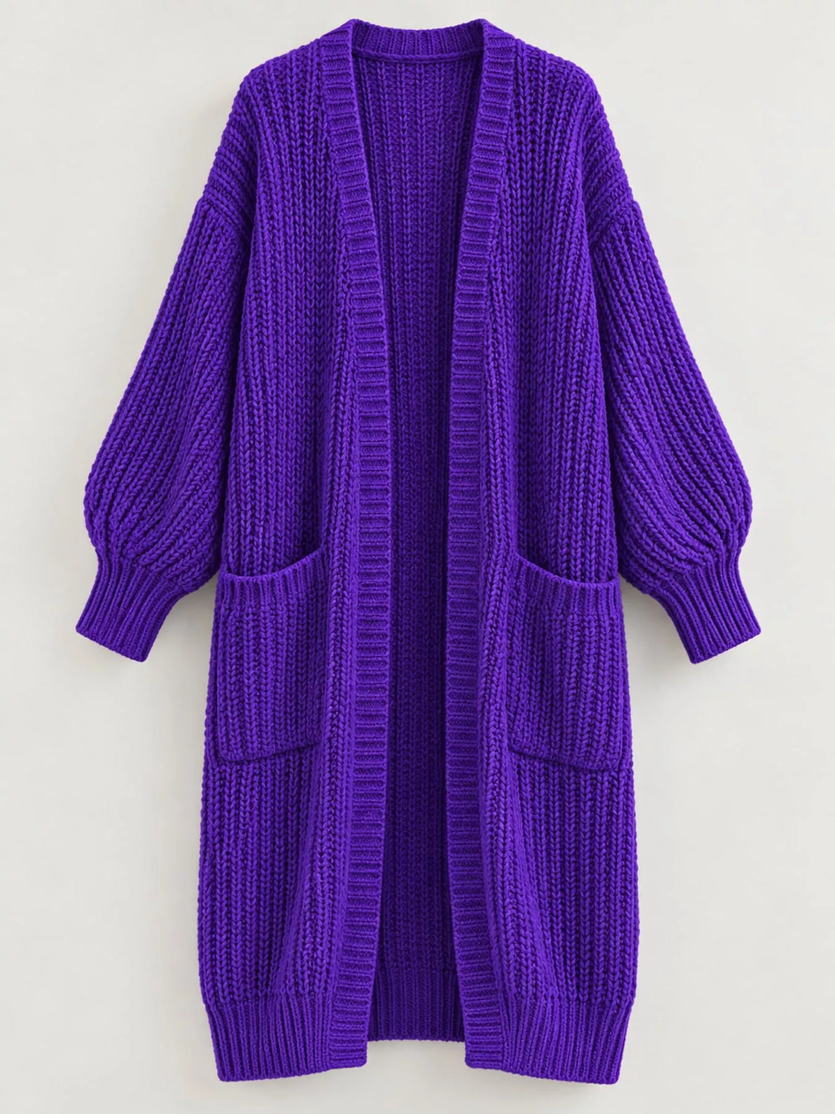 Longline knit cardigan, purple flat lay