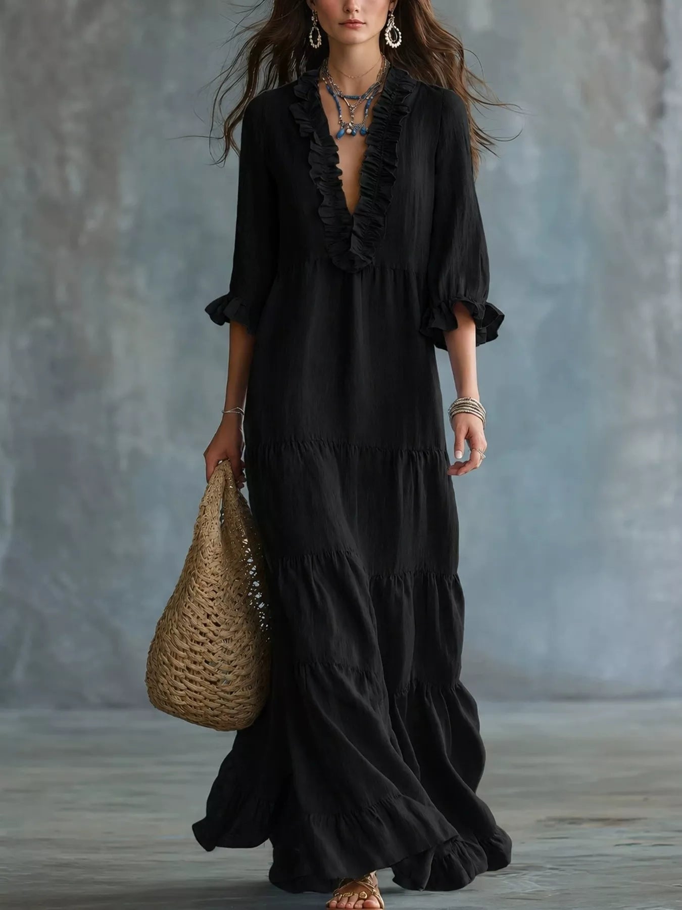 Trendsi Ruffled V-Neck Tiered Maxi Dress -