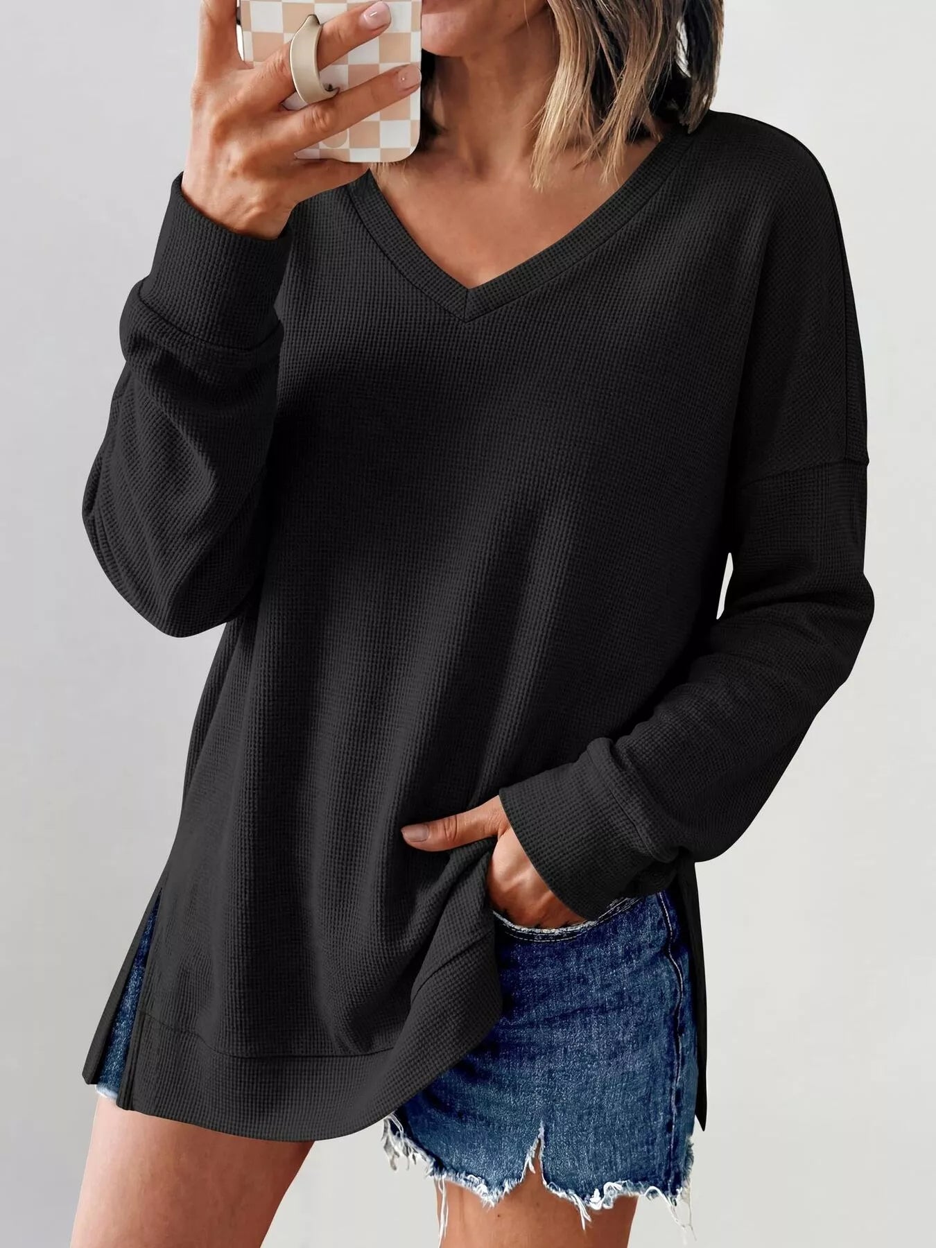 Trendsi Side Slit Waffle Knit V-Neck T-Shirt -