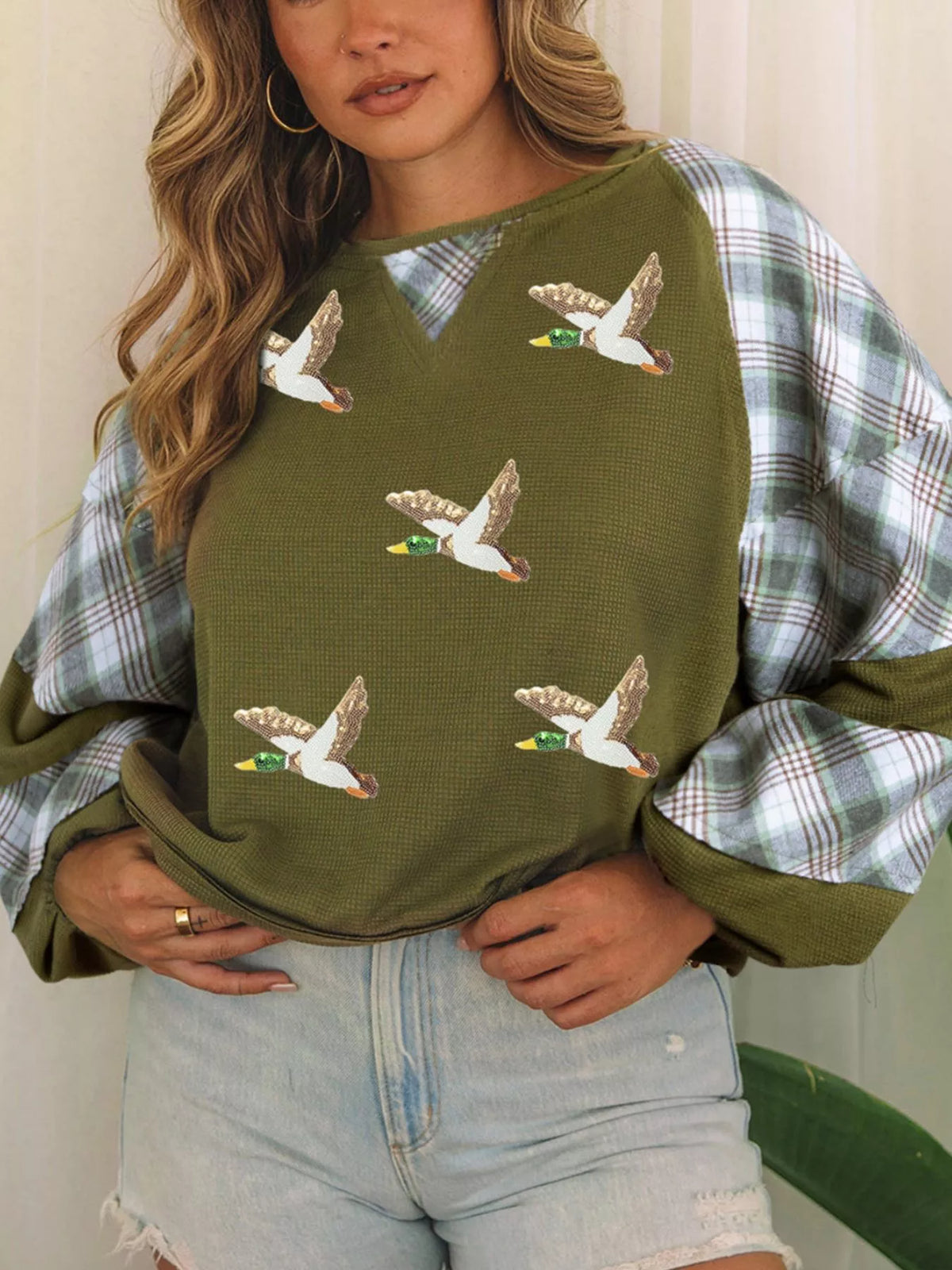 Green mallard print plaid patchwork waffle knit top