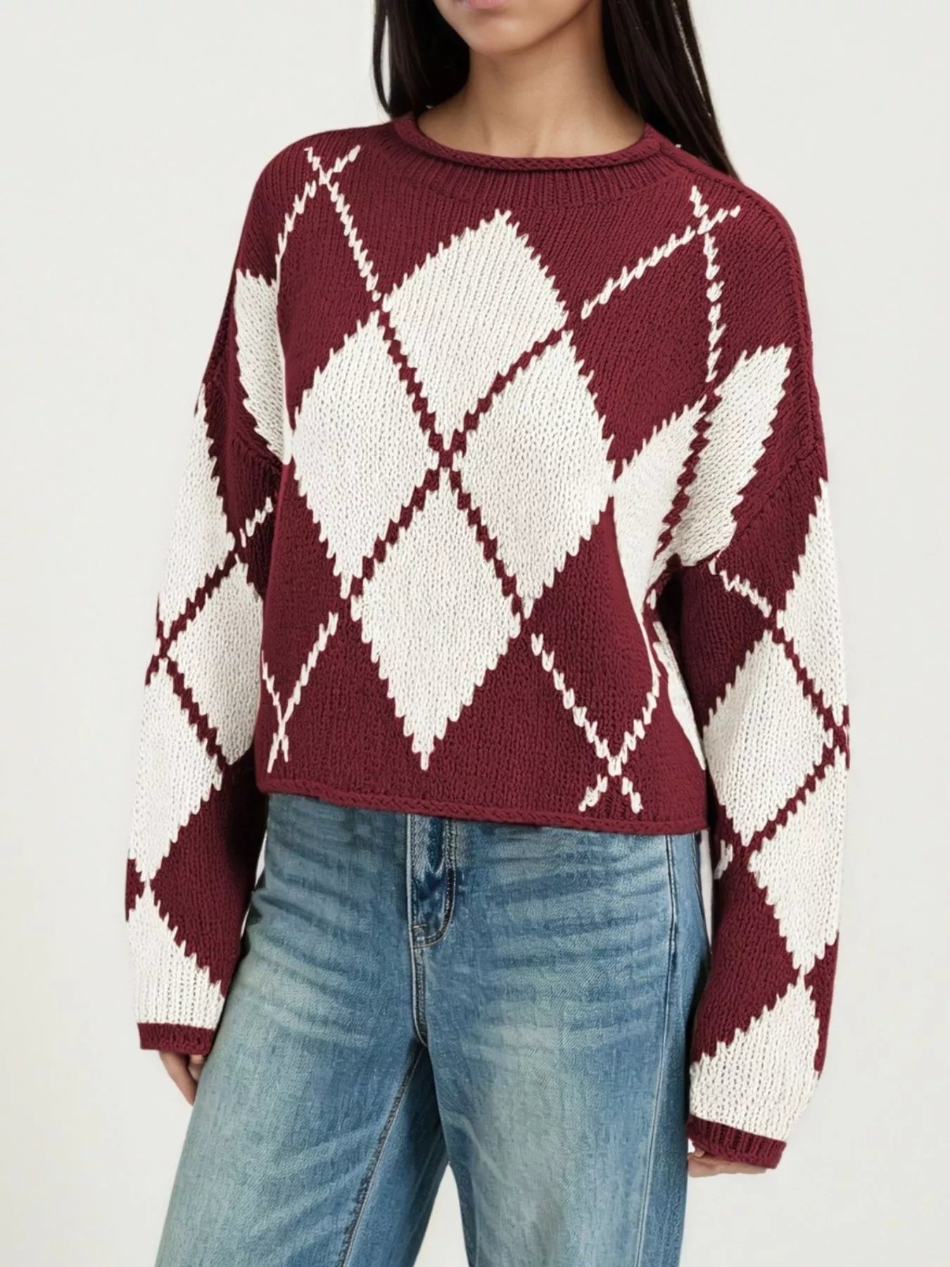 Trendsi Argyle Pattern Knit Dropped Shoulder Sweater -