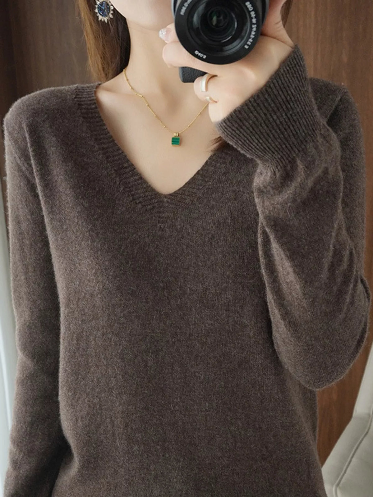 V-Neck Knit Sweater in dark coffee
