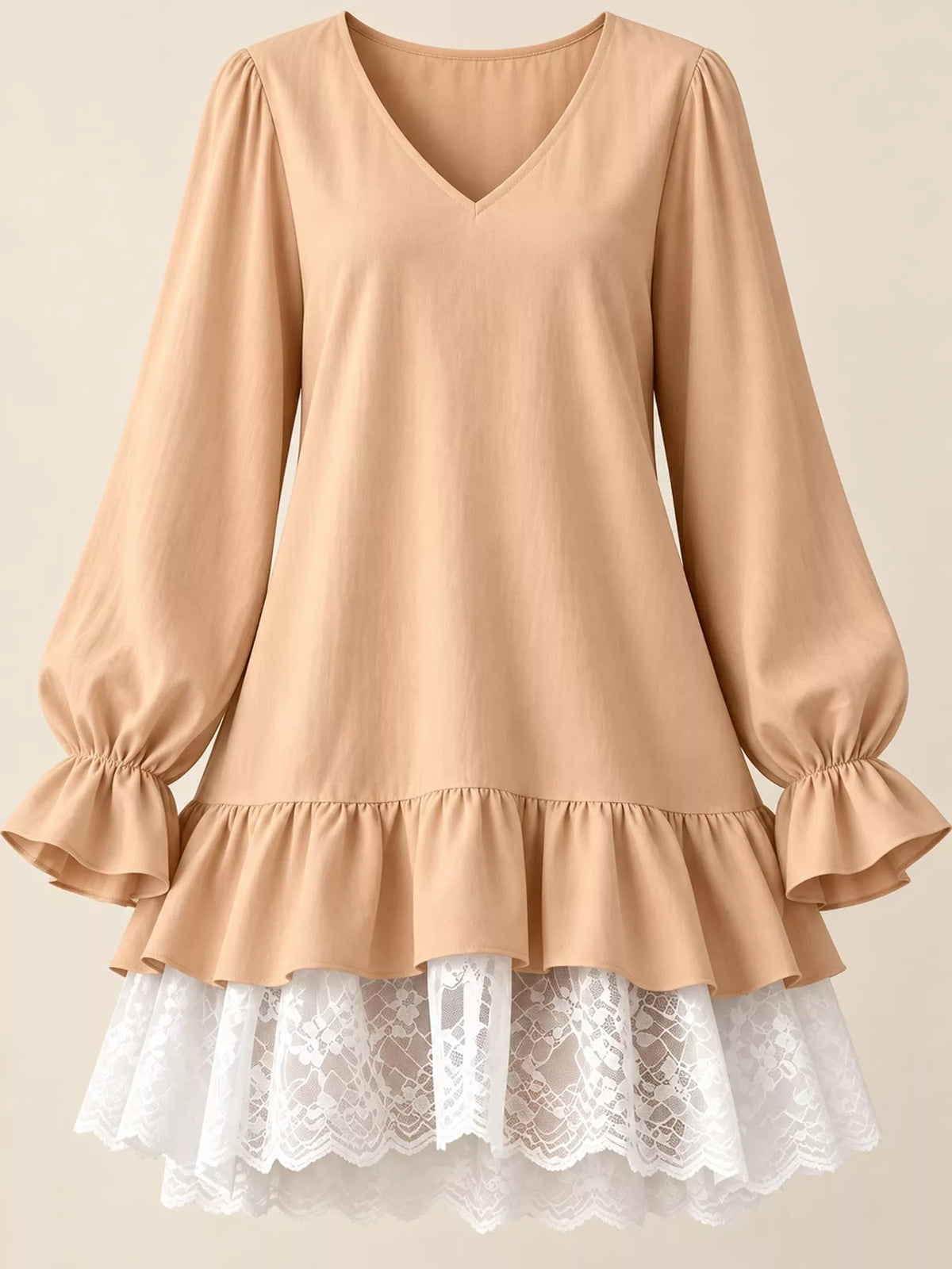 Lace-hem dress, beige sleeve and hem detail