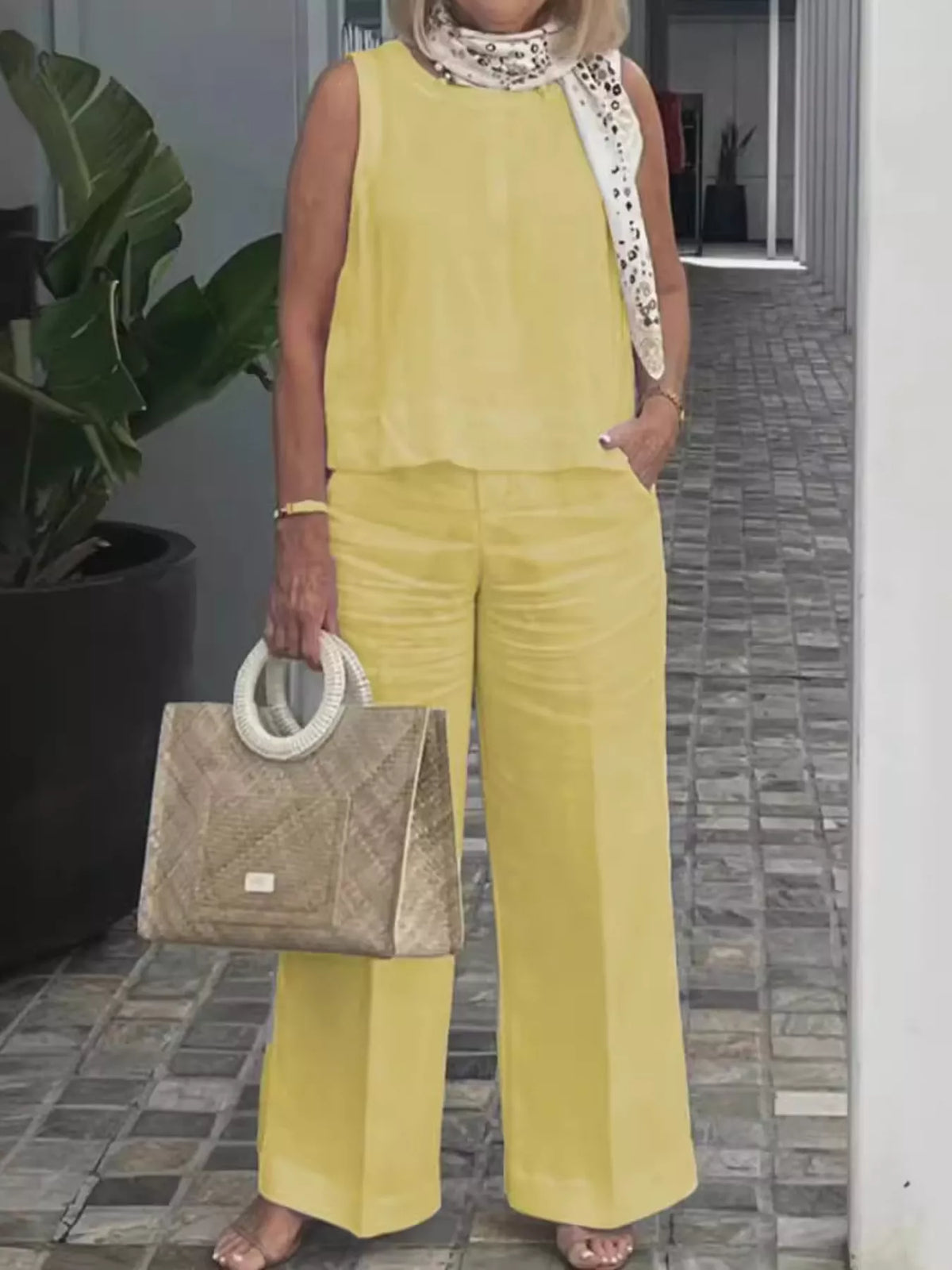 Sleeveless Top and Wide-Leg Pants Set — front view