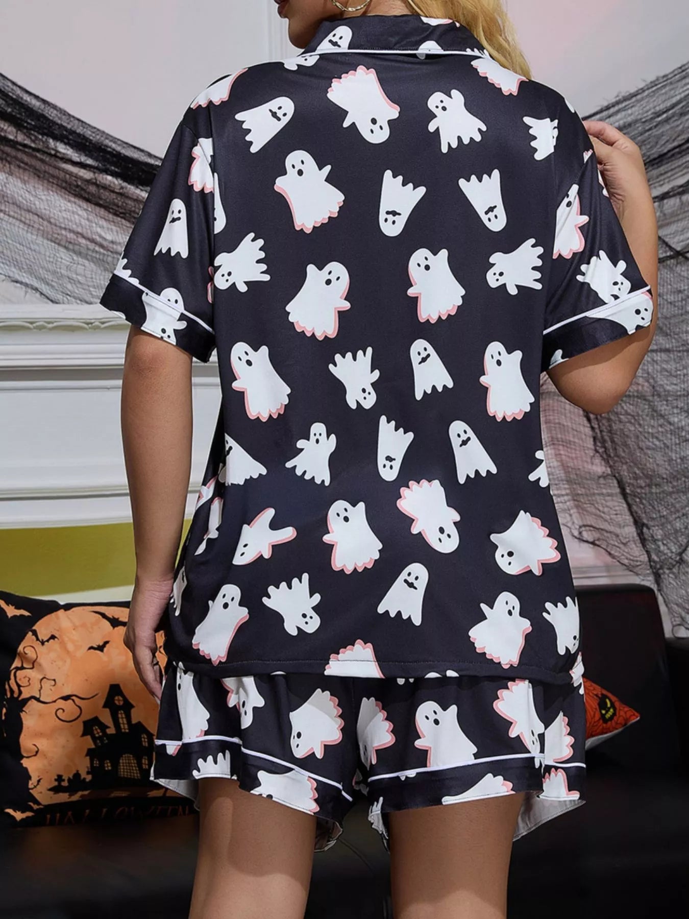 Trendsi Halloween Ghost Print Button-Down Top and Shorts Lounge Set -