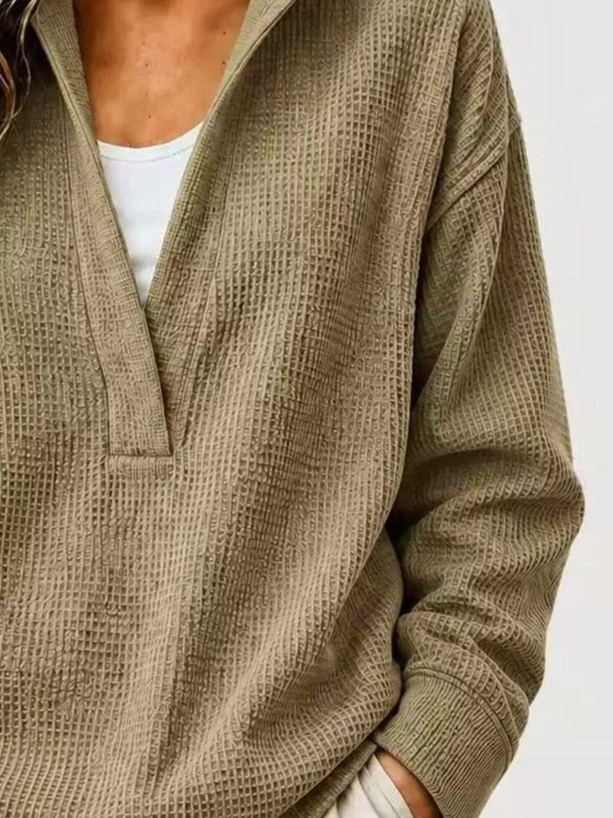 Taupe Waffle Knit Dropped Shoulder Sweatshirt back view