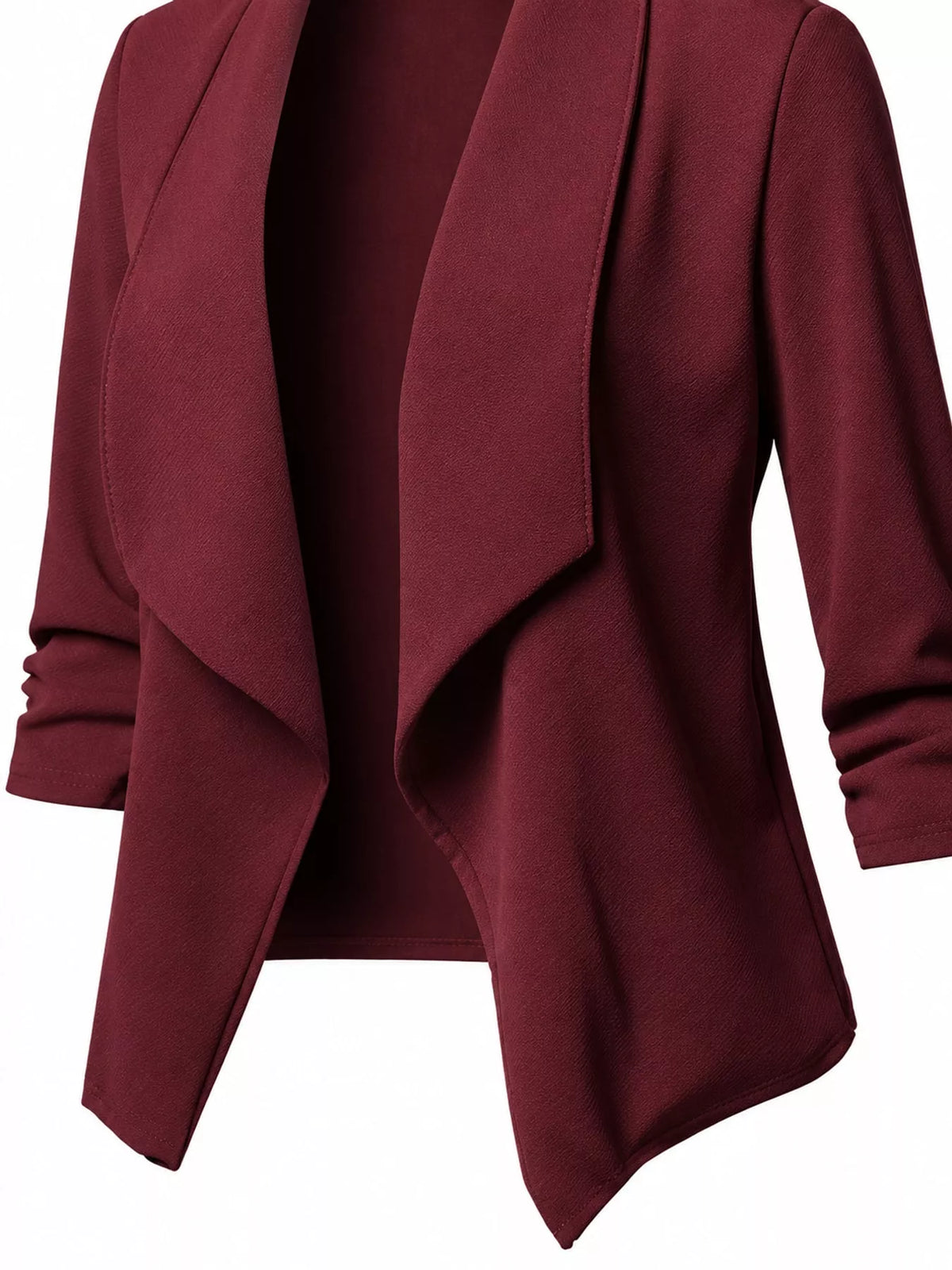 Burgundy open-front blazer with ruched 3/4 sleeves, draped front and gathered sleeve