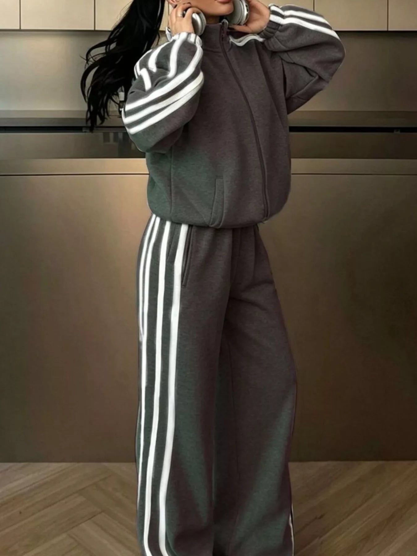 Trendsi Side Stripes Zip Up Top and Pants Set -