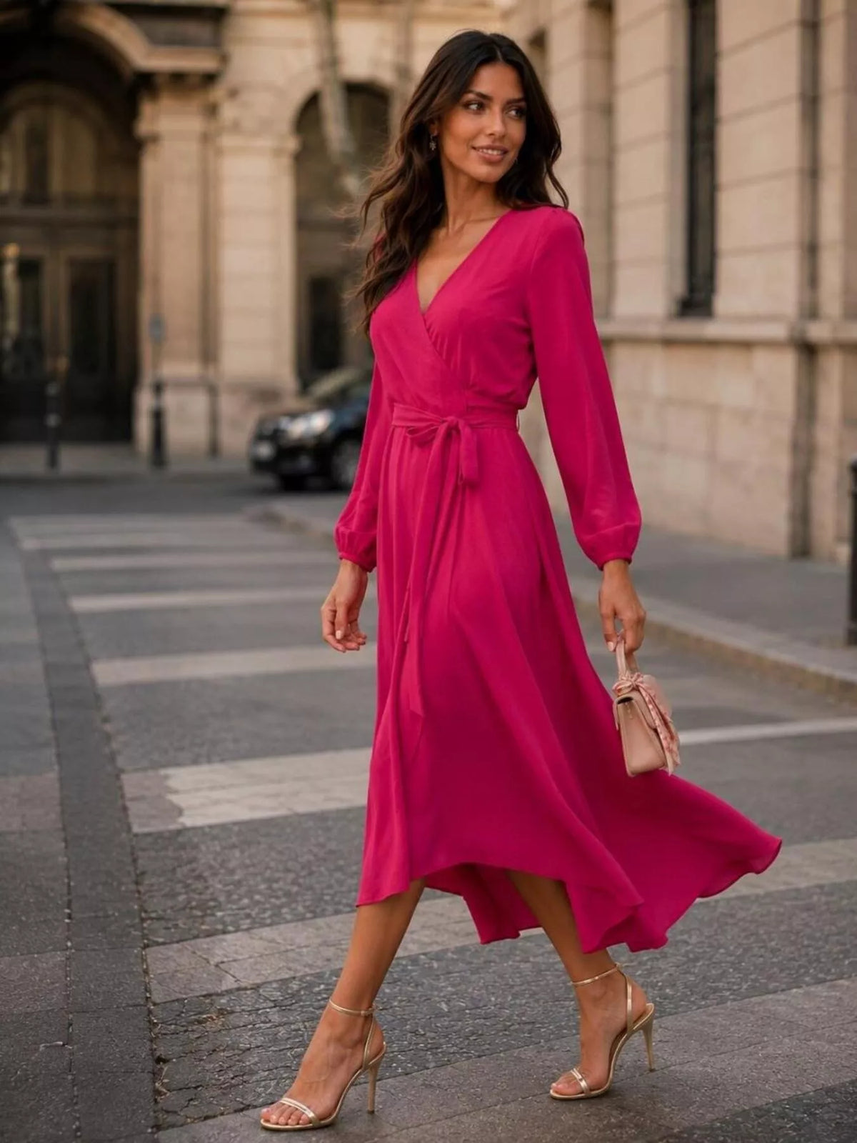 Scarlet long sleeve wrap dress with waist tie