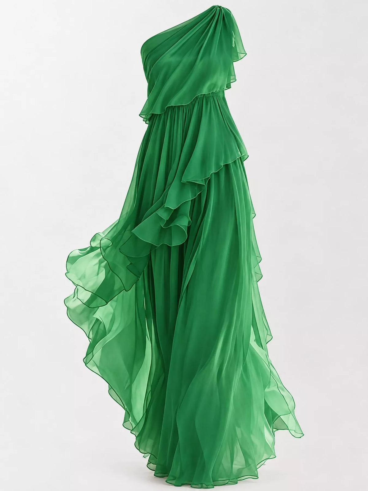 Women's One-Shoulder Ruffled Chiffon Maxi Dress in green — bodice detail view